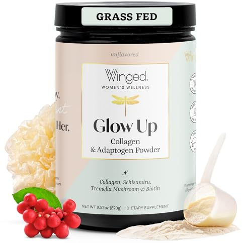 Winged Wellness Glow Up, Collagen Powder for Women - Hair, Skin & Nails Beauty Supplement with Grass-Fed Hydrolyzed Collagen Peptides Adaptogens, Vitamin C & Biotin - 25 Servings, Unflavored