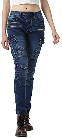 GEBIN Donna Moto Biker Jeans, Pantaloni Da Moto, Pantaloni Anticaduta Biker Motociclista Pantalone Moto Jeans Stretch Con 2 Protezioni Ginocchia E 2 Protettori Anca (Blue,L=W33.1''(84cm))