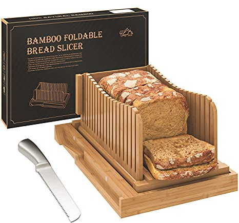 Bamboo Bread Slicer with Serrated Knife, Adjustable Guide for 3 Thickness Sizes, Foldable Compact Chopping Board with Crumb Tray, Great for Homemade Bread, Cakes, Bagels