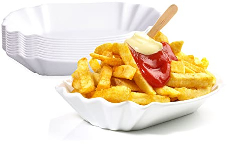 BigDean 10er Set Pommesschale aus Porzellan 19,5 cm - Weiß - Currywurstschale Pommes Frites Currywurst Snack Schale