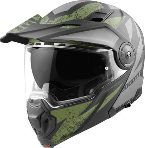 Bogotto FG-102 Safari Fiberglas Enduro Klapphelm Helm, schwarz matt/grau/grün, L