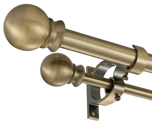 Mayrhyme Antique Bronze Double Curtain Rods 36-72 Inch,1’’Front and 5/8’’Back Double Drapery Rod with Small Round Ball and Aluminum Brackets, Adjustable Dual Window Rod for Sheer/Blackout Curtains