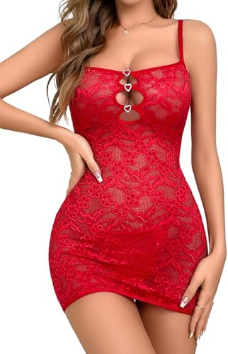 Aranmei Lingerie Babydoll Sexy en Dentelle pour Femmes - Chemise Mini Teddy de Mariée Rouge M