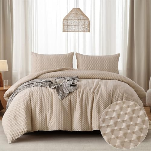 Set copripiumino kaki a nido d'ape seersucker, per tutte le stagioni, in microfibra a scacchi increspati, set di biancheria da letto matrimoniale 200 x 200 cm
