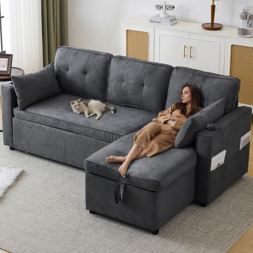 YuQozii Sofá cama intercambiable para salón izquierdo y derecho, diseño moderno en forma de L, con función de sueño, sillón de ocio también equipado con soporte para vasos (gris)