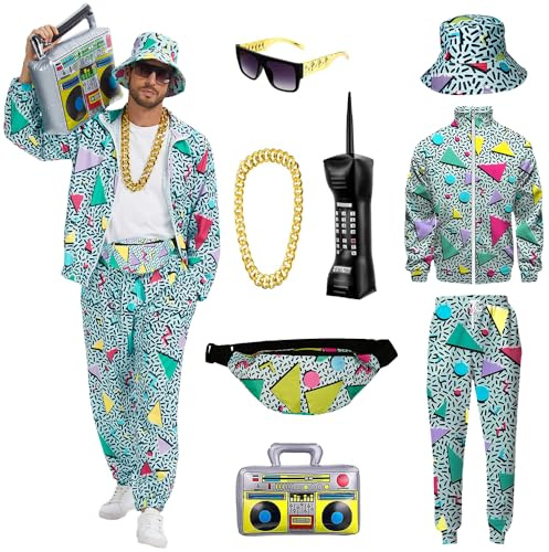 YQVGFBY 80-tal outfit herr 90-tal retro träningsoverall halloween karneval kostym joggingdräkt sportdräkt badass kostymer 8 st