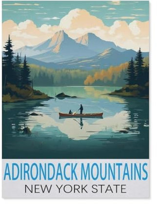YYHMKBYY，Jigsaw Puzzle 1000 Piece，Adirondack Mountains New York State Vintage Travel Poster，Classic Puzzle DIY Kit Paper Toy Unique Gift Home Decor（50x70cm）-J100