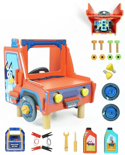 Bluey Wooden Tabletop Mechanic Set – 22 Piece Pretend Play Repair Tool Kit with Car Engine, Tools & Accessories – Compact & Portable Wooden Toy for Kids Ages 3+