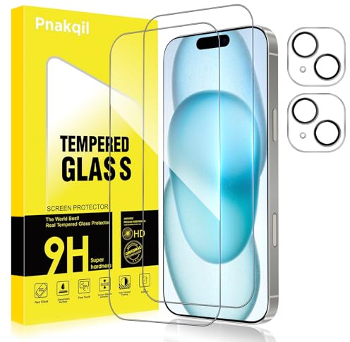 Pnakqil Pellicola Vetro Temperato per iPhone 15 Plus con Protezione Fotocamera,Vetrino Prottetiva Ultra Resistente Anti Graffio HD Chiaro Senza Bolle 9H Grado Militare Screen Protector,2+2 Pezzi