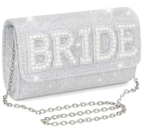 TWPER Bride Clutch Bag for Bachelorette Party, Bridal Shower Silver Evening Purse, Pearl Makeup Handbag for Wedding Honeymoon Engagement Gift for Bride to Be