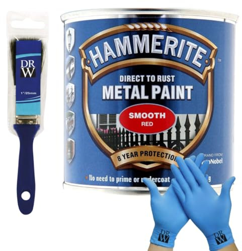 DRW Hammerite Direct to Rust Metal Paint Smooth Red 250ml 1 Paint Brush & Free Nitrile Gloves | Durable Anti-Rust Protection for Indoor & Outdoor Metal