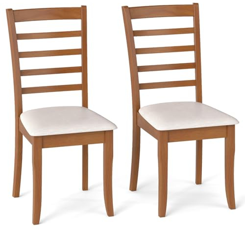 COSTWAY Lot de 2 Chaises Salle a Manger Bois, Chaise de Cuisine Moderne avec Pieds en Bois Massif, Dossier Haut à Lattes, Siège Rembourrée, pour Restaurant, Salon, 44 x 56 x 96 cm, Beige