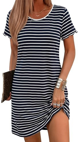 Bresdk Camisón de Mujer Camisones de Rayas de Puro Cuello Redondo con Encaje Sexy Ropa de Estar Suave y Cómoda Talla Grande
