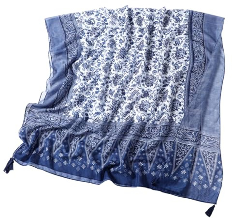 ROMISBABA Cotton Fringed Shawl Blue and White Porcelain Pattern Retro Scarf for Women Lightweight Travel Picnic Beach Yoga Meditation Wrap