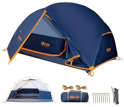 QEZER Tenda da campeggio, ultraleggera, impermeabile e antivento, adatta per tre stagioni, dimensioni compatte, ideale per escursioni, campeggio e attività all'aperto (1 Persona Blu)