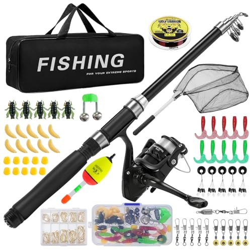 Lomffy Canna da Pesca e Mulinello Combo Set, 1.8M Kit di Esche da Pesca e Borsa con Rete Set Combinato Canna da Pesca Telescopica e Mulinello con Linea Borsa da Trasporto per Acqua Dolce Acqua Salata