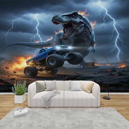 AevuCub Tapete Monster Truck, Fototapete Dinosaurier Schlafzimmer, Tapeten Vliestapete T-Rex Dino Wohnzimmer, Wandtapete Kinderzimmer Kinder Wanddeko, Mustertapete Vlies 150 x 105 cm (B x H)