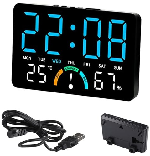 KQWVZ LED digital väggklocka med larm, temperatur, datum, vecka, inställning av ljusstyrka, komfort, 16 x 10 x 3,3 cm LED väggklocka digital, digital väggklocka batteridriven för hem, sovrum