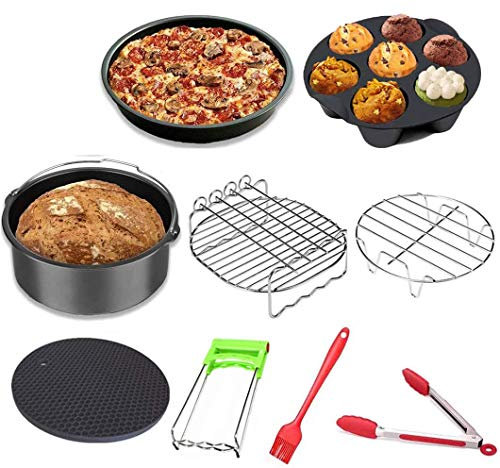 Heißluftfritteuse Zubehör, 9 Stück Air Fryer Zubehör Kit mit Antihaftbeschichtung, Backform, Pizza Pan, Grillrost, Dämpfen Rack, Silikonmatte, Muffinform - für 3,2L und oben XL Princess Philips