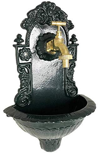 L'Héritier Du Temps Fontaine de Jardin de Charme Murale Source Fonte Patinée Verte avec Robinet Fonctionnel en Laiton 14x25x40cm