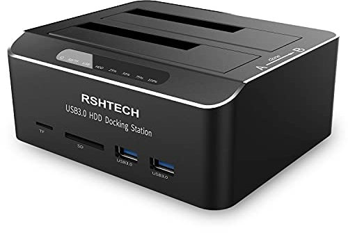 RSHTECH Hard Drive Docking Station, Aluminum Dual Bay SATA Dock for 2.5 & 3.5 Inch SSD HDD, Tool-Free Hard Disk Caddy with 2x USB 3.0 and SD/TF Slots, HDD Enclosure Supports 2x16TB and Offline Clone