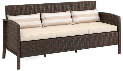 Outsunny Canapé en rotin avec coussins, trois places, salon de jardin, acier, marron, 173 x 68 x 78 cm