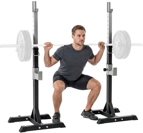 HOMCOM Set 2 Rack Porta Bilanciere in Acciaio, 2 Ganci con Altezza Regolabile, Capacità 150kg, 55x57x105-170cm, Nero