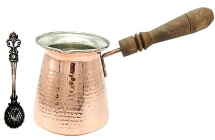 LEO Design Caffettiera turca, caffettiera greca araba spessa 3 mm, in rame martellato e inciso a mano, con manico in legno (4 tazze/290 ml)