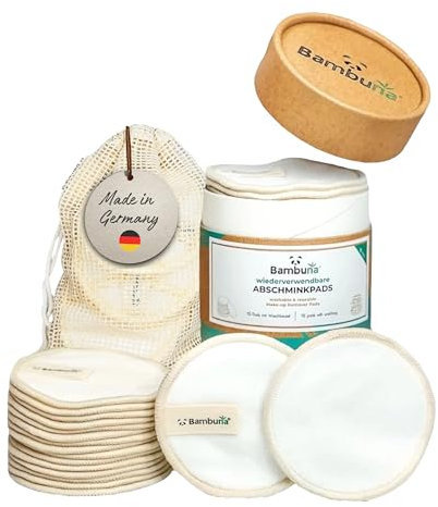 BAMBUNA 15 Stk. wiederverwendbare Wattepads mit Baumwoll Waschbeutel - Abschminkpads waschbar - Bambus Abschminkpads - Make Up Entferner Pads - Reinigungspads weich und saugfest - Made in Germany