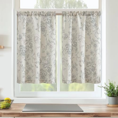 Vangao Floreale Tende Cucina Corta in Misto Lino con passante 65 x 90 cm 2 pezzi stile rustico Tende per Interni Camera da letto Finestra Soggiorno Casa Country bistrot Moderne, Grigio e Beige