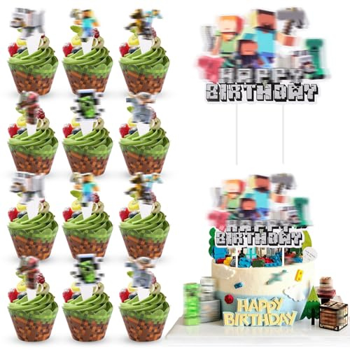 Dncvb 49 st Miner Game Cake Topper, Pixel Cake Dekorationer Spel Cupcake Toppers Spel Tema Cake Toppers för Pixel Videospel Party Dekorationer Tillbehör