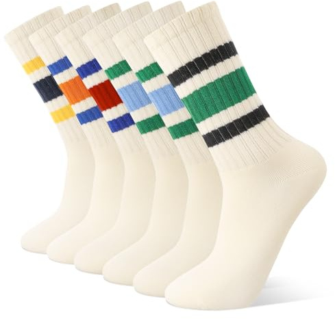 Zuimei 6 Pairs Crew Sport Socks Women Men Striped Crew Socks Unisex Athltic Socks Retro Cotton Socks Striped Sports Socks, Size 4-7.5