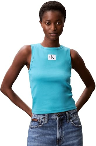 Calvin Klein Camiseta de Tirantes Mujer Woven Label Cotton Rib con Logotipo, Turquesa (Tuscan Teal), M
