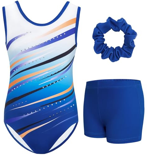 Gogokids Ensemble de Gymnastique Sans Manches pour Filles en Trois Pièces avec Short, Tenues de Gymnastique Scintillantes pour Enfants avec Strass et Design Croisé, Combinaisons Ballet pour âge 6-7