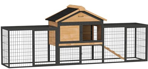PawHut Hasenstall 2 Ebenen mit Satteldach Kaninchenstall aus Vollholz Winterfest Doppelstockhaus mit Freilaufgehege 217x53x86 cm Kaninchenkäfig Outdoor Kleintierstall für Hasen Kaninchen Gelb