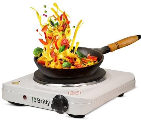 Britly Single Hot Plate 1500W | Portable Electric Hob with Adjustable Temperature Control and Cast-Iron Burner | 185 mm Plate | Lightweight and Ideal for Campsites