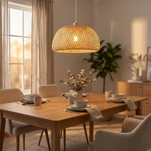 Alpinaluz Lámpara Colgante de Mimbre Beige Ø38 cm con Pantalla Doble Capa en Forma de Hemisfera, Portalámparas de Madera, Cable Blanco Ajustable y Diseño Vintage para Salón, Comedor y Dormitorio