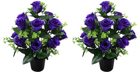 Hattba 2 rosas artificiales resistentes a la intemperie en macetas sin mantenimiento, flores conmemorativas para exteriores y decoración de interiores, ramos de flores de seda realistas