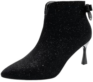 VBEDKDEB Botines para mujer, botas de tobillo, botas de moda de tela con lazo y lentejuelas, punta puntiaguda, tacón de aguja, corto para mujer, encaje de aguja, zapatillas tradicionales, Negro