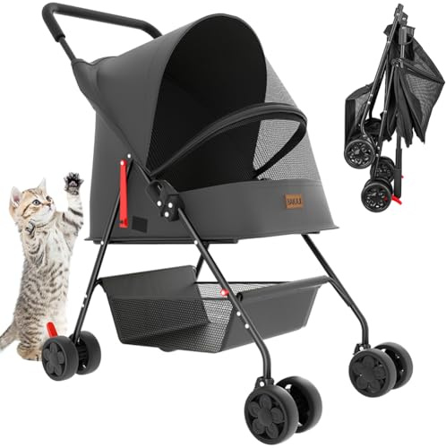 BAKAJI Passeggino per Animali Domestici Carico Massimo 15kg, Carrozzina per Cani e Gatti Pieghevole e Salvaspazio con Cestello Portaoggetti e Ruote Bloccabili, Cappottina Protettiva Anti UV, Nero