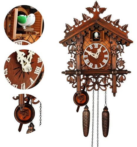 YUZINO Reloj de cuco hecho a mano de madera con pájaro de trabajo, reloj de pared con control de volumen, reloj de pared tradicional de cuarzo antiguo para sala de estar, cocina, cafetería, decoración