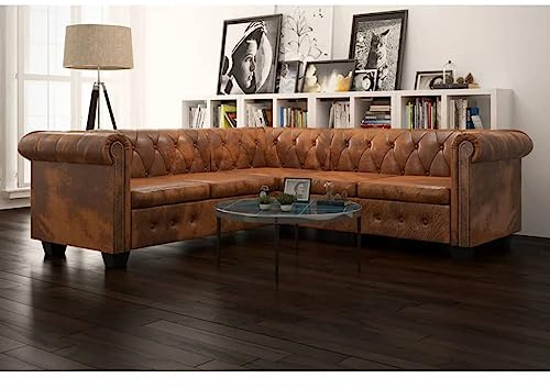 Lumanois Sofá de Esquina Chesterfield 5 plazas Cuero Artificial marrón,Mobiliario,Sofás,77.15kg-243615