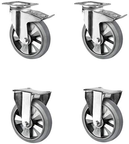 CASCOO SETTHFH125BAF2D0N Rollensatz 2 Lenkrollen mit Feststeller, 2 Bockrollen, Aluminiumfelge, Elastik, Durchmesser 125 mm, Schwerlast, Doppelkugellager, Traglast 900 kg (4-er Pack)