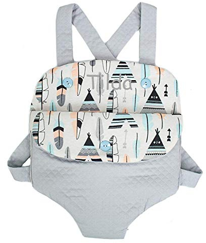 Mochila Portabebés para muñecas PERSONALIZADOS. Varios modelos y tamaños disponibles. Fabricado en España (Tipis y plumas, Tamaño grande)