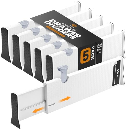 RAPTUROUS Adjustable Deep Drawer Divider – 5 Tall, Expandable 13-22, 5-Pack, Non-Slip Drawer Dividers for Clothes, Dresser, Kitchen & Office Organization (White)