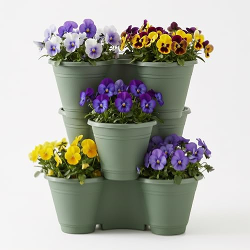 GEEZY Set of 3 Stackable Strawberry Planters - Green Vertical Garden Tower, Compact Tiered Planter for Herbs & Flowers - Indoor & Outdoor Space Saving Trio Pot for Patio, Balcony or Windowsill