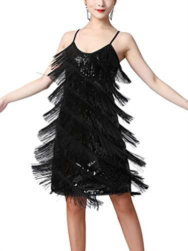 Freebily Robe Danse Tango Latine Femme Robe Année 1920 Franges Flapper Élégant Costume Charleston Robes Soirée Bal Fête V Cou Paillette R Noir XL