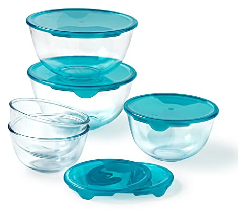 Pyrex® Set of 5 Heavy Duty Glass Salad Bowls with Lids (0.5L - 1L - 2L) BPA Free | Made in France, Dishwasher, Microwave and Oven Safe (2 x 0,5L + 1 x 1L + 2 x 2L)