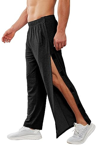 Deyeek Men's Tear Away Pants 2 Side Snap Open Bottom Sweatpants Loose Fit Casual Post Surgery Pants with Pockets Black