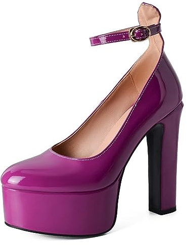 Scarpe da Donna con Plateau e Tacco Grosso in Vernice Punta Chiusa Punta Tonda Cinturino alla Caviglia Cinturino Abito Cerimonia Nuziale Sexy Discoteca Scarpe décolleté,Viola,35 EU